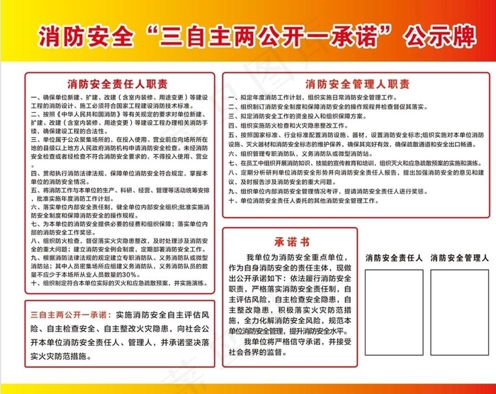 消防安全 三自主两公开一承诺图片cdr矢量模版下载