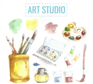 水彩绘美术工作室元素矢量图图片