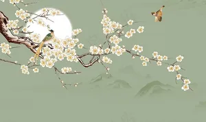 工笔梅花中式背景墙图片