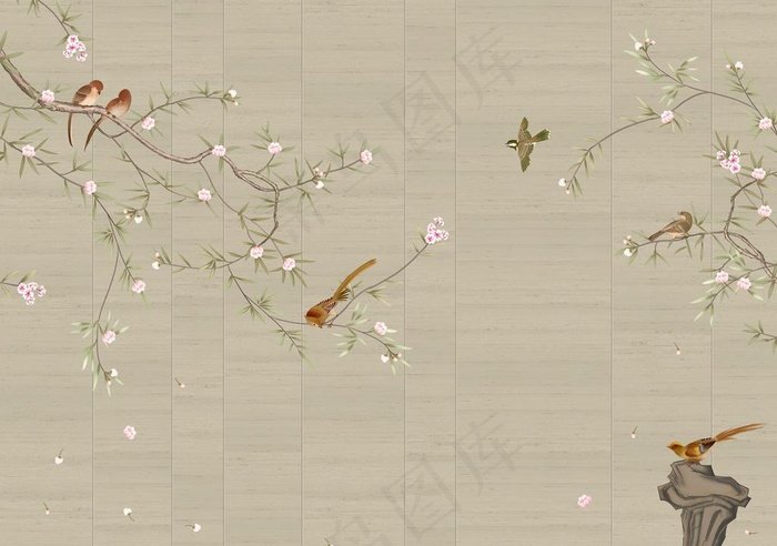 手绘梅花工笔花鸟背景墙图片