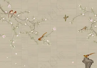 手绘梅花工笔花鸟背景墙图片