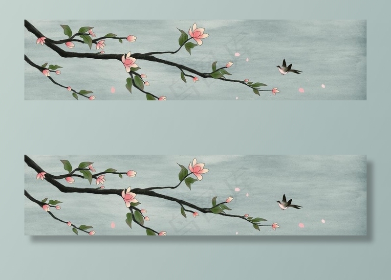 新中式手绘玉兰花鸟装饰画图片(8858X2362(DPI:150))psd模版下载