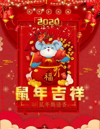 红色喜庆春节海报2020鼠年图片