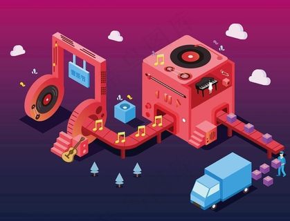 物流音乐2.5D插画图片