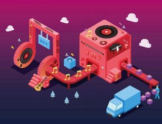 物流音乐2.5D插画图片