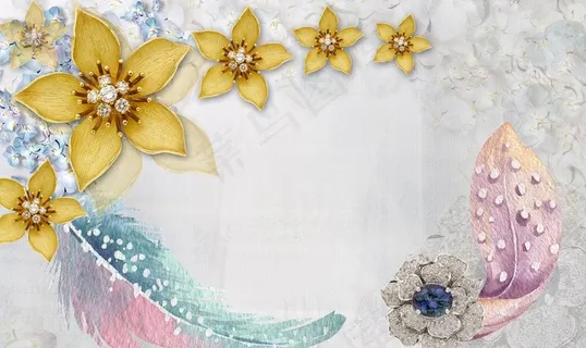 浪漫优雅彩色花朵鲜艳羽毛壁画图片