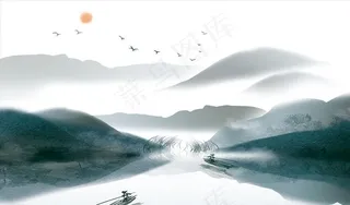 水墨山水 小船 背景墙图片