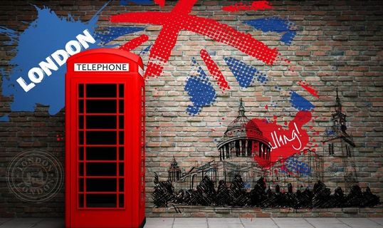 复古米字旗英文砖墙美式电话亭图片