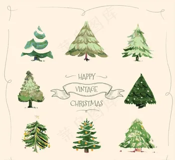 手绘复古圣诞树矢量素材图片