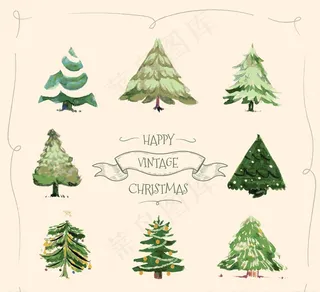 手绘复古圣诞树矢量素材图片