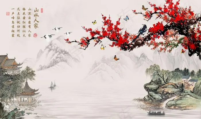 梅花国画电视背景墙图片(9071X5669(DPI:72))psd模版下载