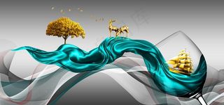 新中式丝绸飘带金色麋鹿装饰画图片