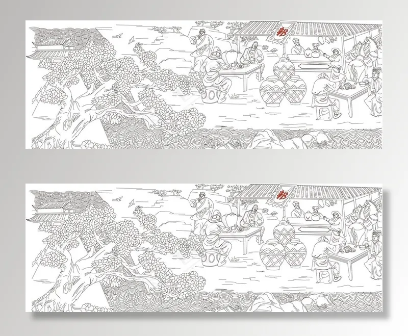 古代线描市井建筑古镇街道集市图片ai矢量模版下载