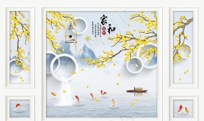 3D家和银杏山水边框背景墙图片