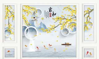3D家和银杏山水边框背景墙图片