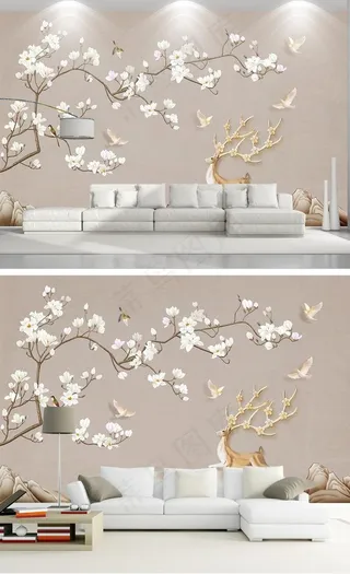 现代手绘新中式工笔花鸟背景墙图片