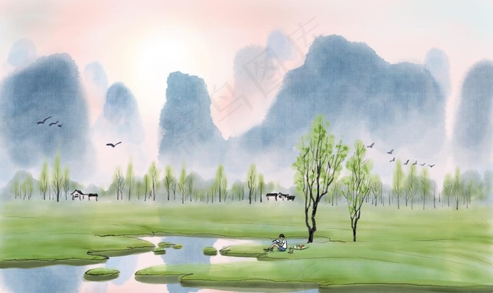 国画山水画图片(3200X2000(DPI:300))psd模版下载
