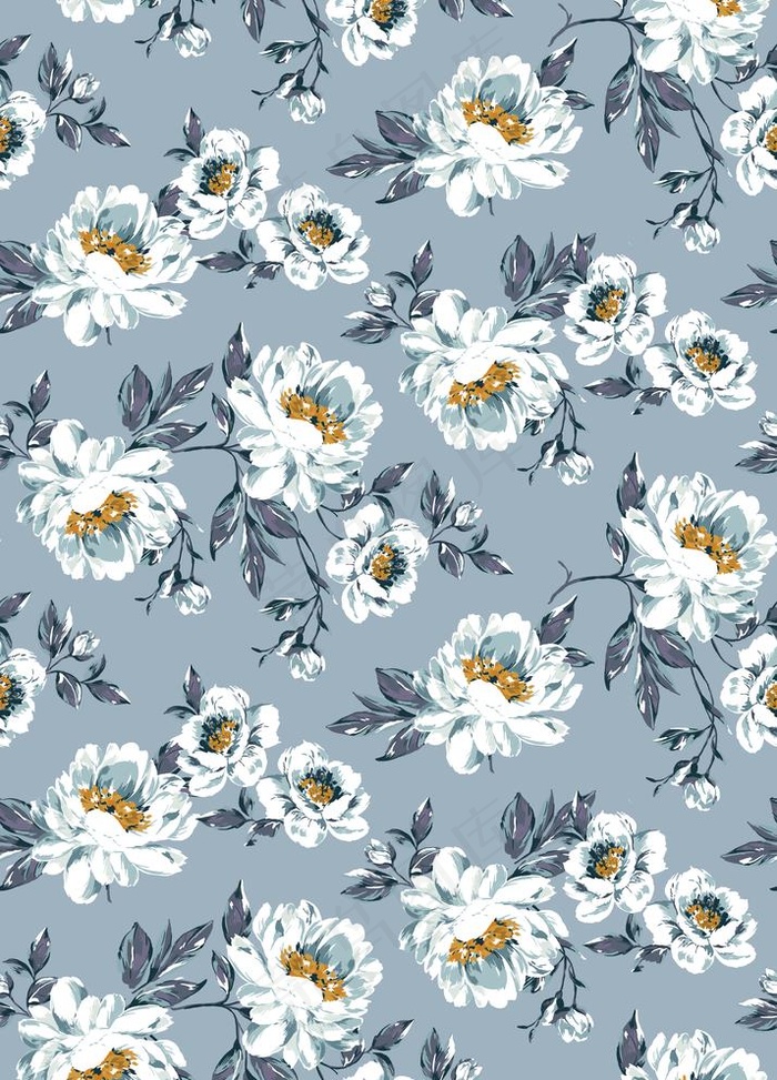 蓝色系油画风家纺印花图片