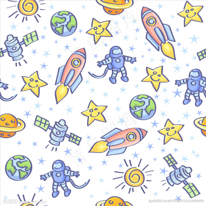 卡通宇航员火箭星球四方连续底纹图片eps,ai矢量模版下载