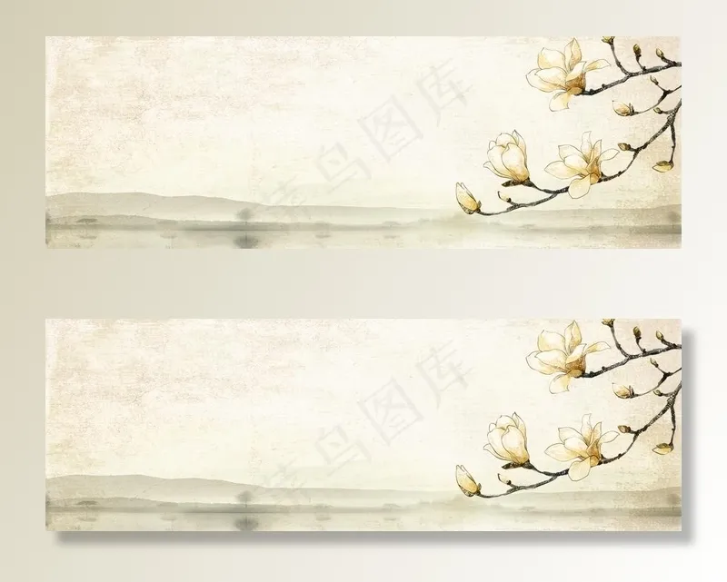 山水玉兰树枝国风背景无分层图片