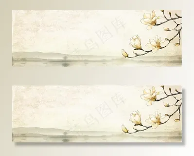 山水玉兰树枝国风背景无分层图片