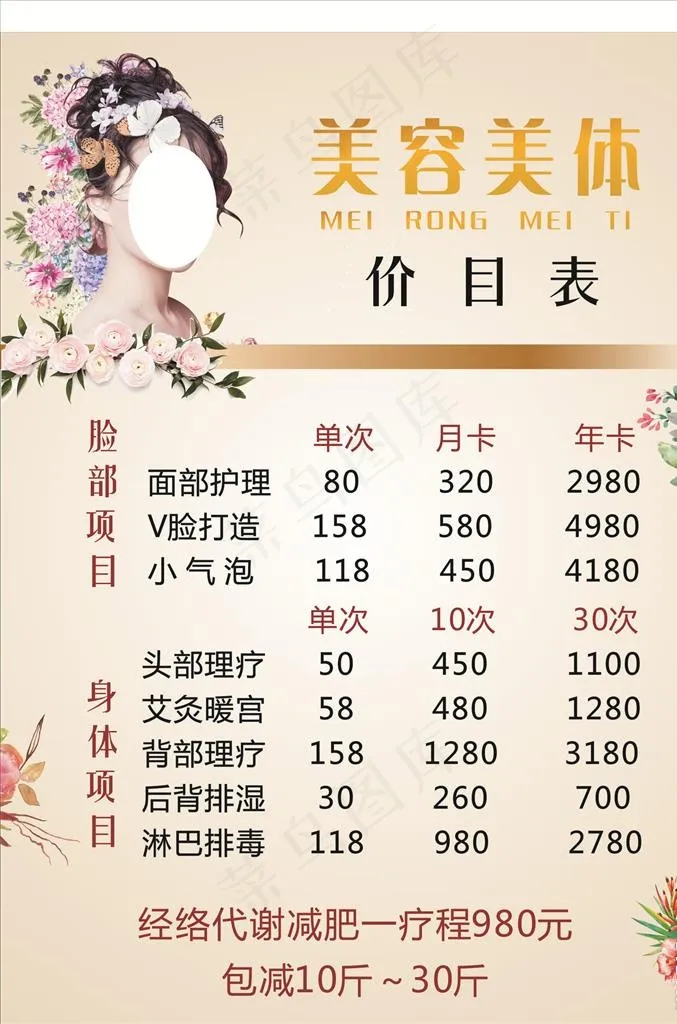 美容美体价格表图片(500X700)cdr矢量模版下载