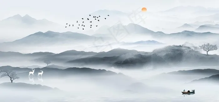 新中式手绘水墨意境山水装饰画图片