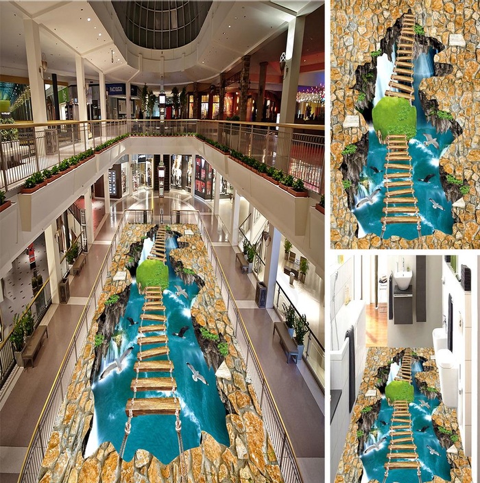 瀑布河流3D地板地画图片(8504X14173(DPI:72))psd模版下载