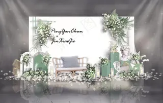 纯白森系白绿婚礼迎宾区图片