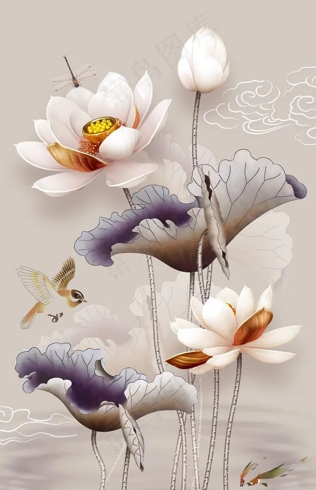 立体浮雕荷花玄关装饰画图片(4252X6803(DPI:72))psd模版下载