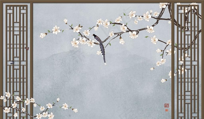 花鸟画 玉兰 背景墙图片(9071X5669(DPI:72))psd模版下载