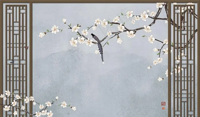 花鸟画 玉兰 背景墙图片(9071X5669(DPI:72))psd模版下载