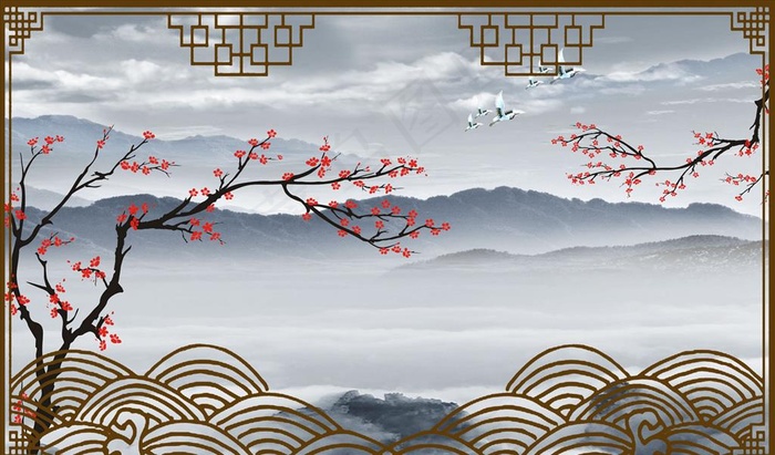 水墨山水 梅花 背景墙图片