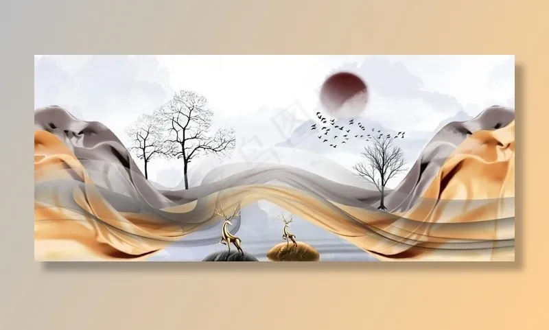 抽象山水烟雾麋鹿装饰画图片(10630X5314(DPI:150))psd模版下载