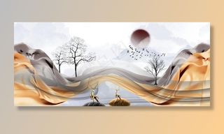 抽象山水烟雾麋鹿装饰画图片