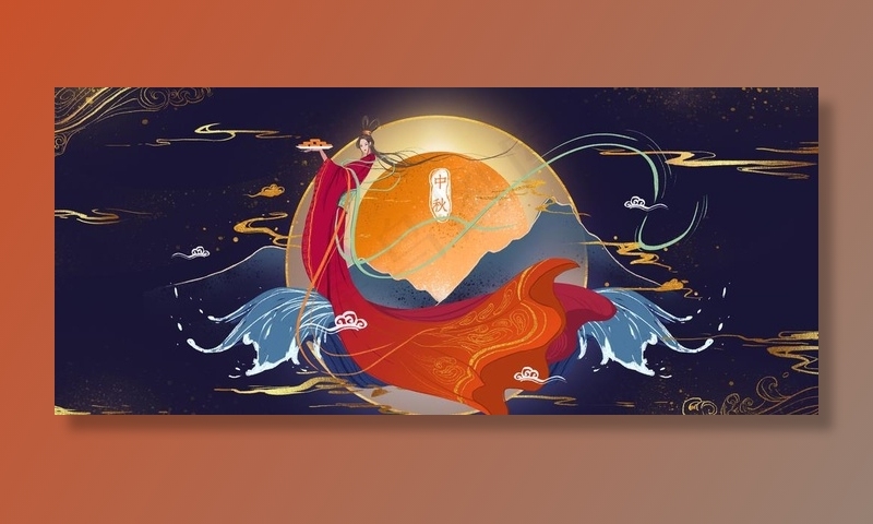 嫦娥国风卡通插画背景素材图片(5000X2300(DPI:96))psd模版下载