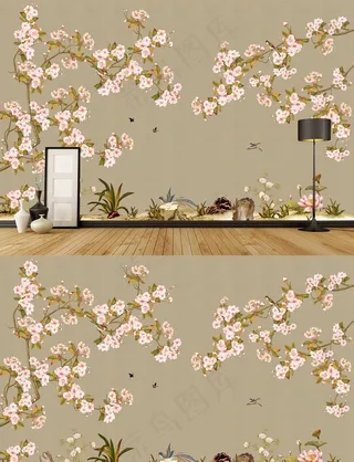 现代手绘新中式工笔花鸟背景墙图片