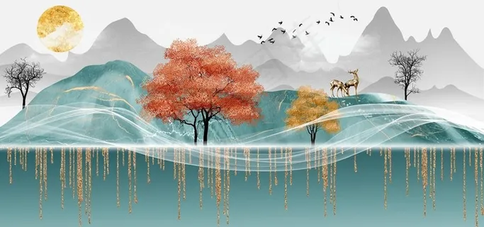 新中式鎏金麋鹿意境山水装饰画图片 新中式鎏金麋鹿意境山水装饰画图片