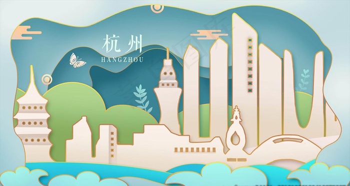 扁平杭州城市旅行插画图片