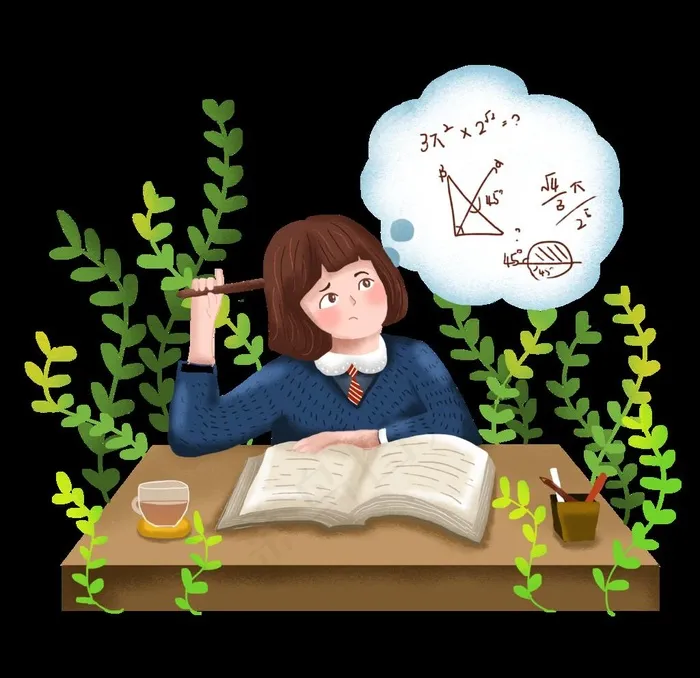 女孩做题思考插画图片psd模版下载
