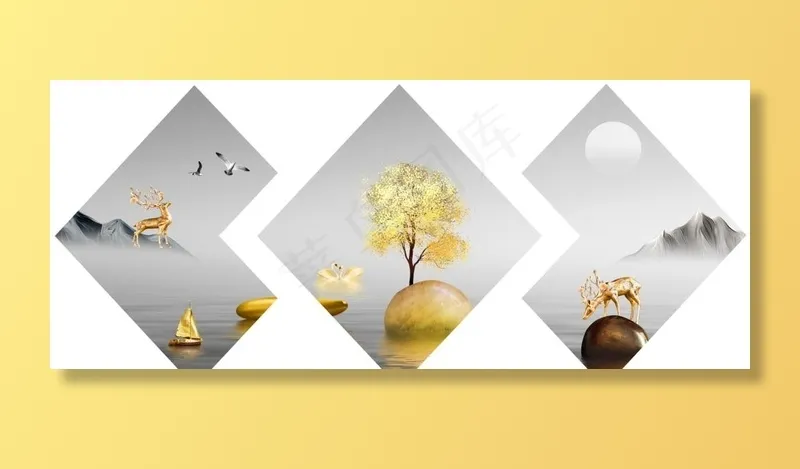 新中式金色石头大树天鹅装饰画图片(10630X4724(DPI:150))psd模版下载