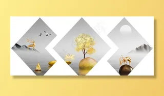 新中式金色石头大树天鹅装饰画图片