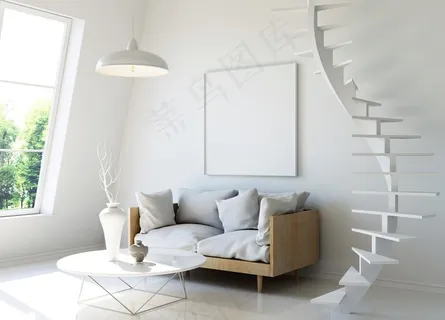 客厅的沙发与旋转楼梯渲染效果图图片