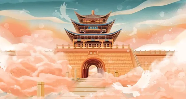 国潮大理古城建筑物插画图片 国潮大理古城建筑物插画图片