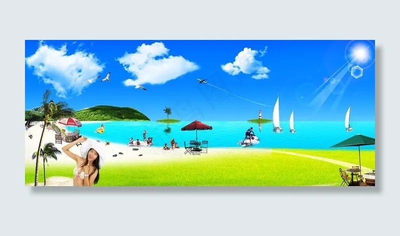 美丽的沙滩图片(6000X2700(DPI:300))psd模版下载