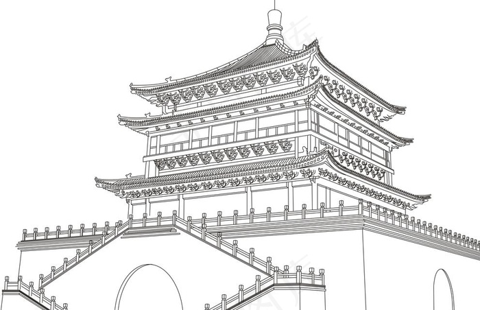 西安-钟楼线稿图片