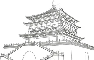 西安-钟楼线稿图片