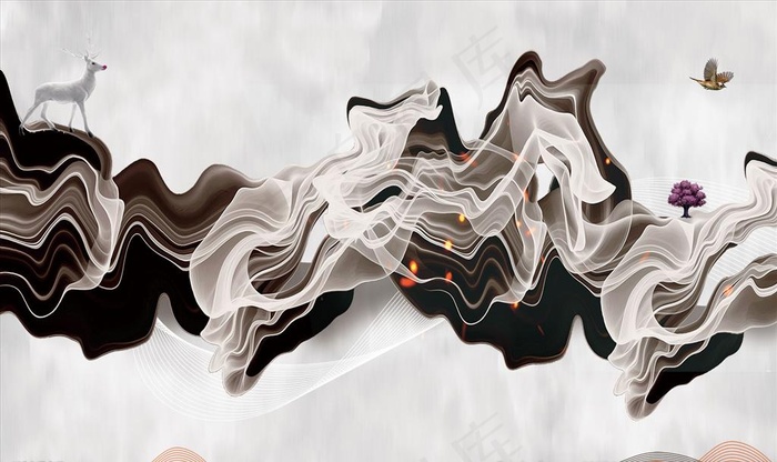 水墨画 飘带 背景墙图片(9071X5669(DPI:72))psd模版下载