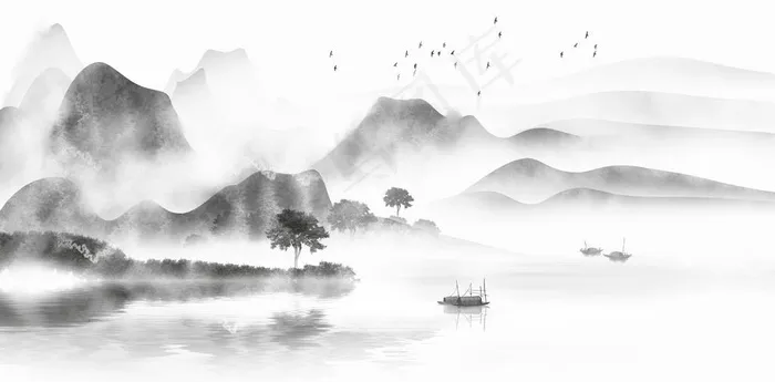 水墨山水图片(3462X1811(DPI:72))psd模版下载