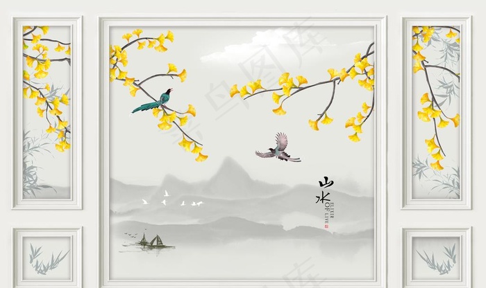 银杏边框背景墙图片